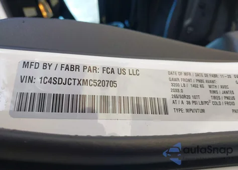 2021 Dodge Durango R/T z USA, uszkodzony, nr VIN 1C4SDJCTXMC520705